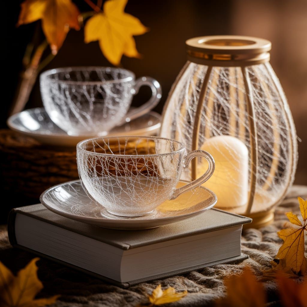 Everyday objects reimagined as if crafted from intricate spiderwebs: a teacup with translucent web-lace walls, a lantern made of glowing coc...