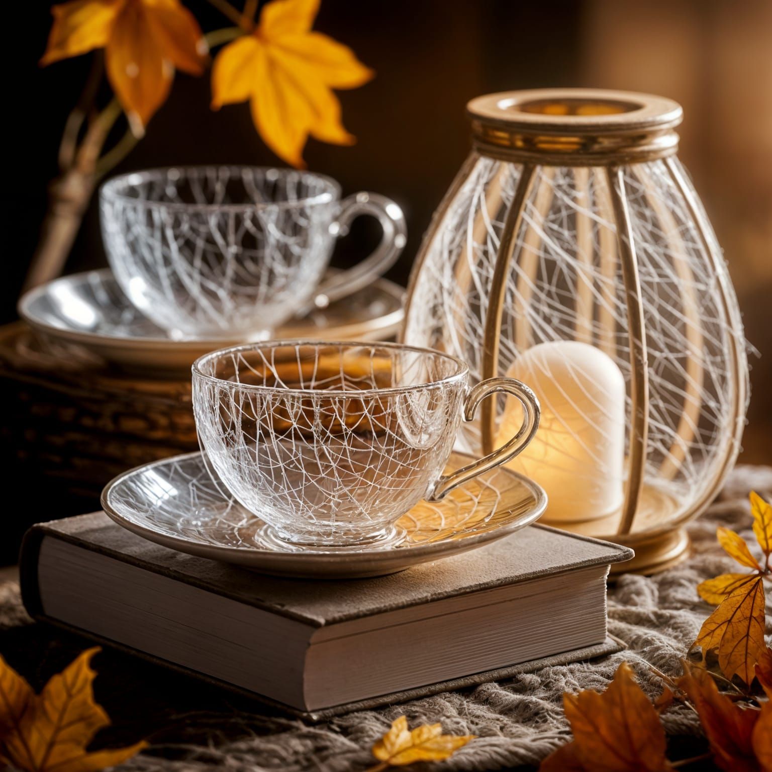 Everyday objects reimagined as if crafted from intricate spiderwebs: a teacup with translucent web-lace ...  by @Zhopen
