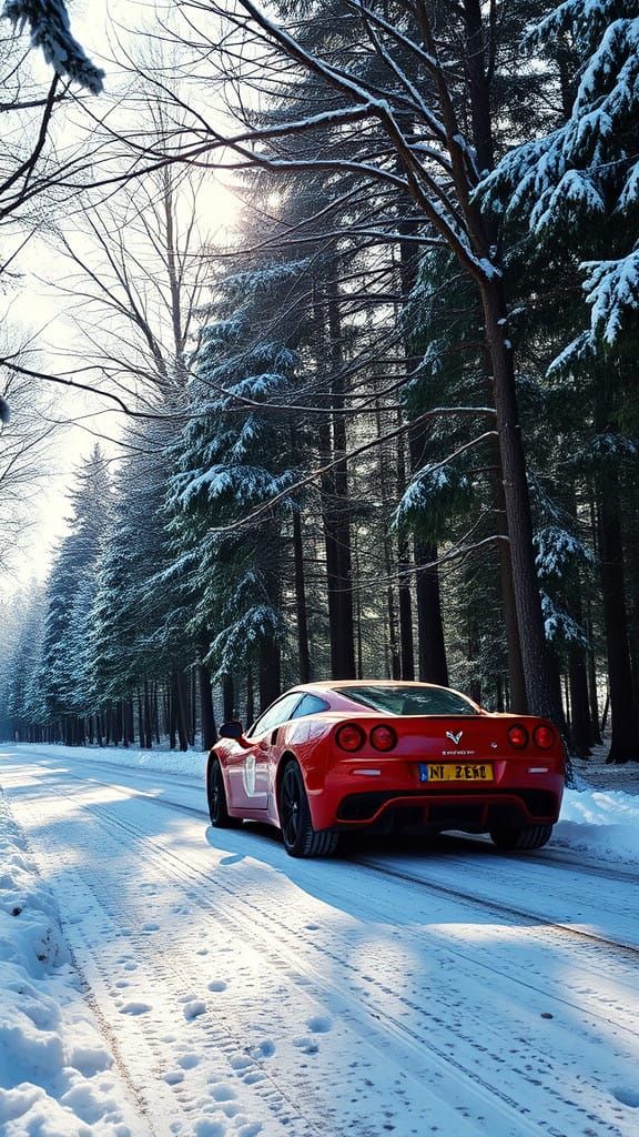 Man in a Car Under Sunny Skies and Snowy Trees