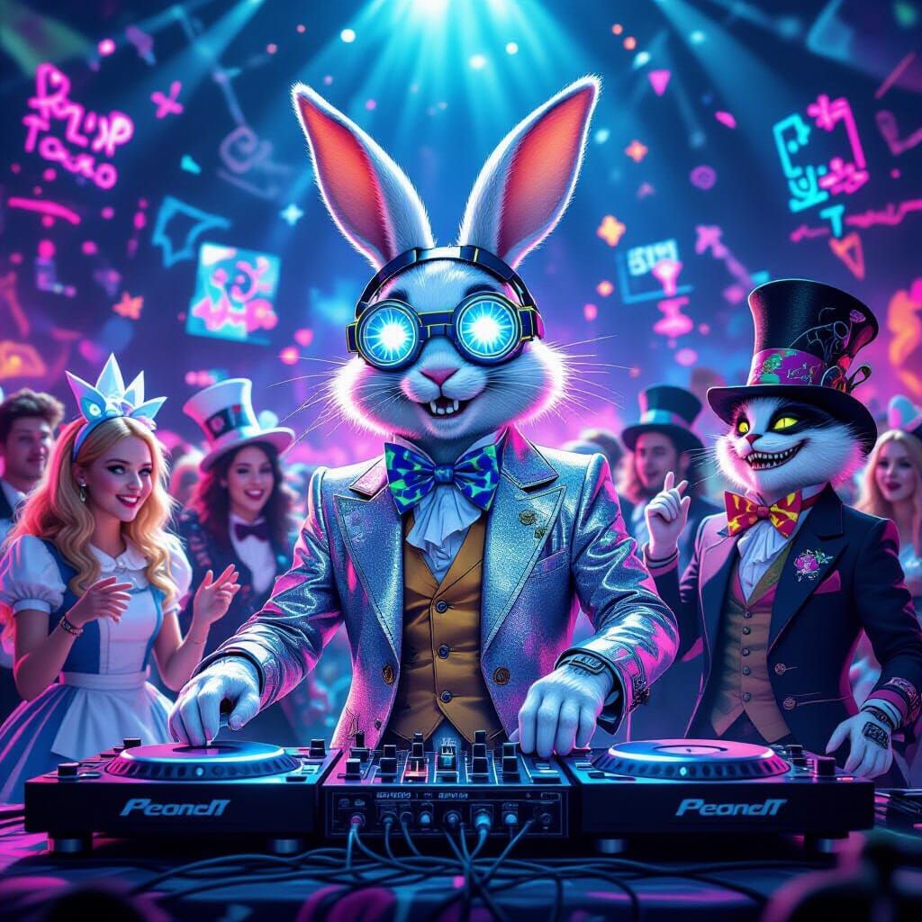Can you generate an image for me showing the White Rabbit from Alice in Wonderland in a cyberpunk syle .he'sDJing on  vinyls turntables. It'...