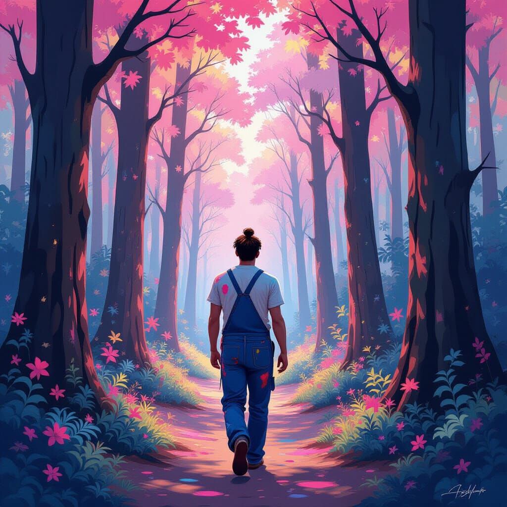  Lost in a forest of hardwood trees a man walks. He has a ponytail and is wearing blue denim overalls. The sky is a light tint of pink. Each...