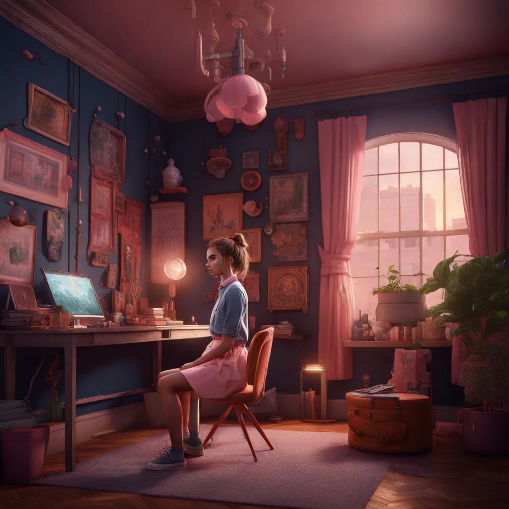 A girl in a very preppy and aesthetic room.