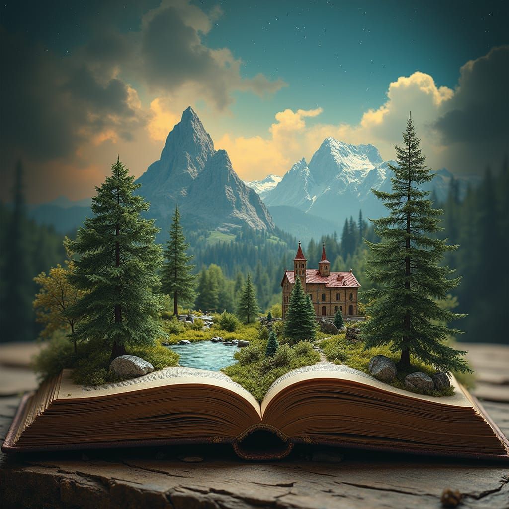 A weathered medieval book, opening to reveal a rich miniature world complete with forests, seas and mountains, tiny castles perched on lofty...