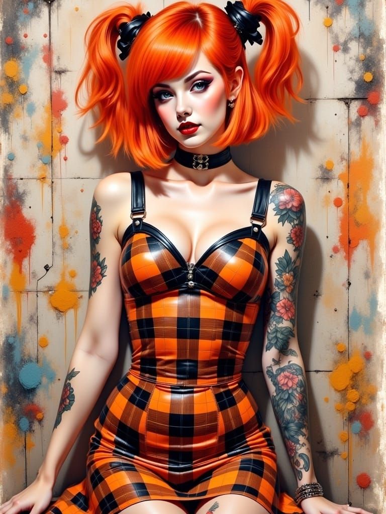 <lora:Pinup flux:1.0> stunning portrait Gorgeous alternative beauty in attractive form fitting orange and black flannel dress revealing thig...
