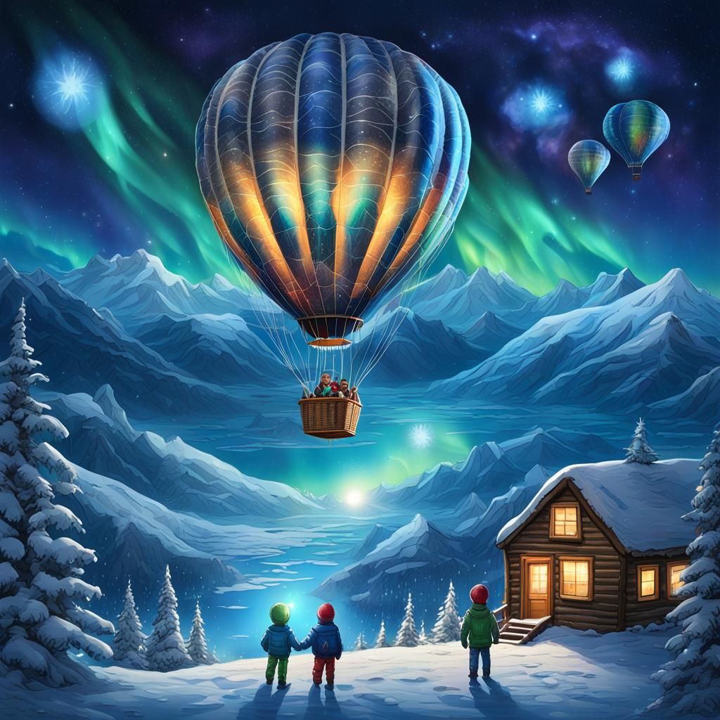 a large blue and silver hot air balloon piloted by 2 alien children is floating over the winter night ...  by @Laurenlen