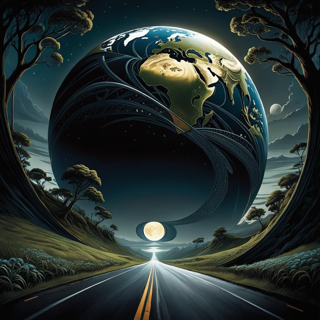 surreal concept art:: a road on a dark globe