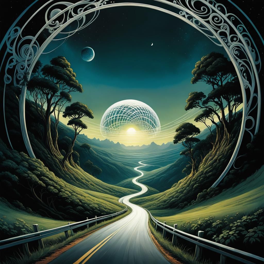 surreal concept art:: a road on a dark globe