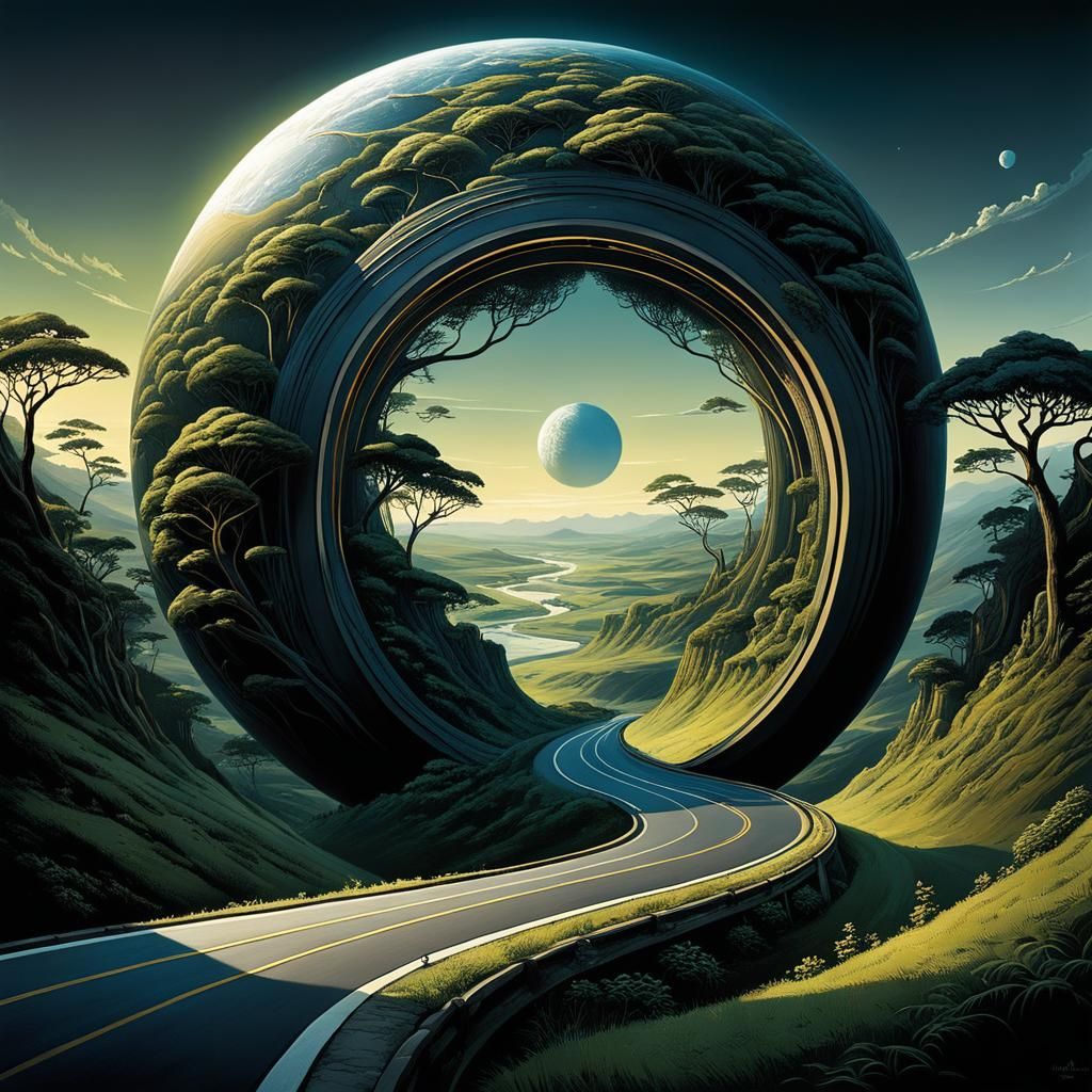 surreal concept art:: a road on a dark globe