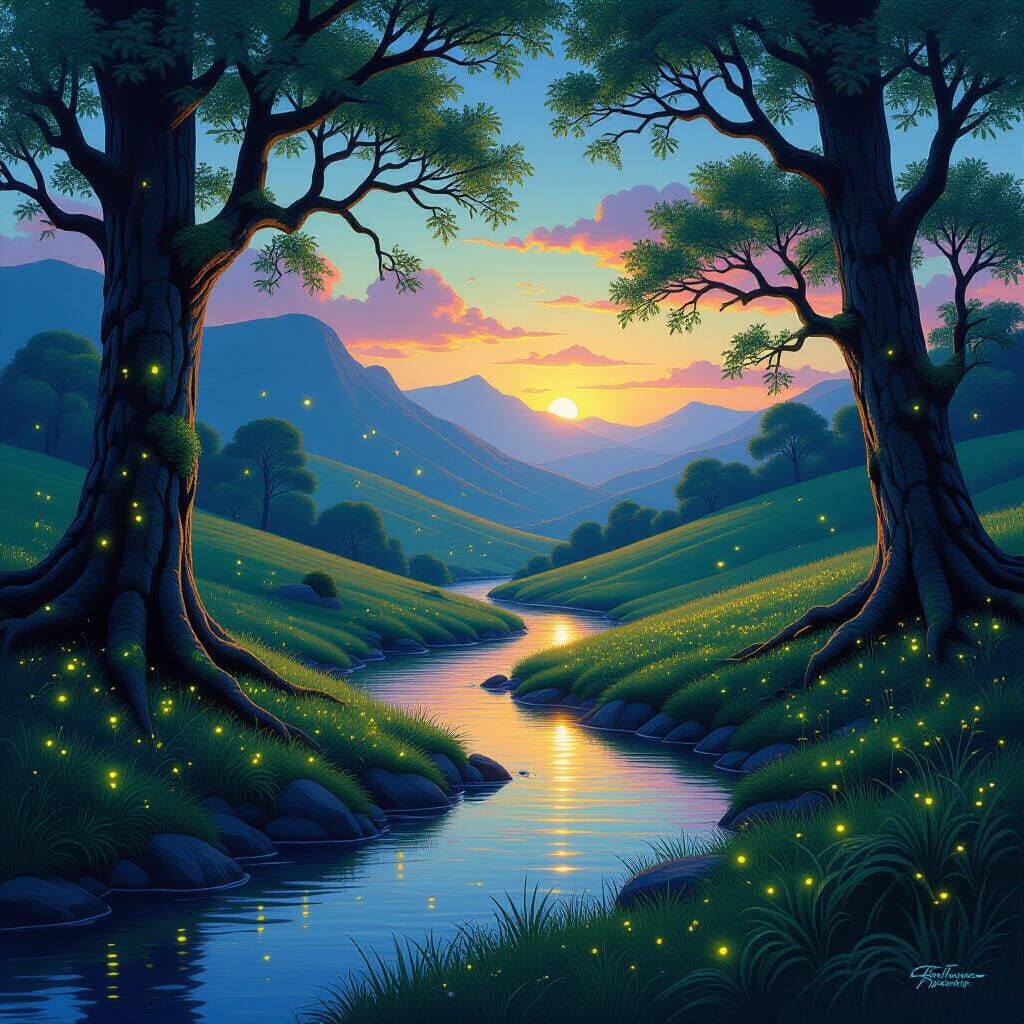 
A tranquil yet vibrant landscape where every element glows with an inner light.