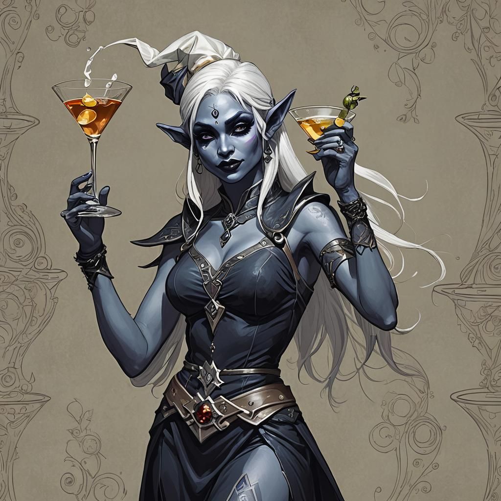 Female drow elf dancing girl drinking a martini