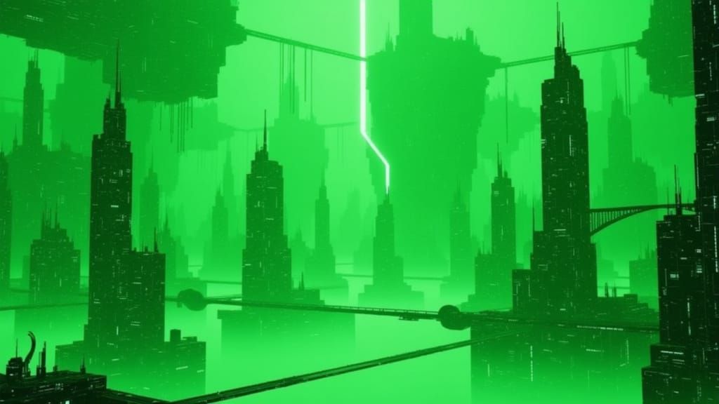 <lora:Sector Six:1.0> A hyper vivid cityscape composed of dystopian buildings surrounded by green fog with a light shining through it, brigh...