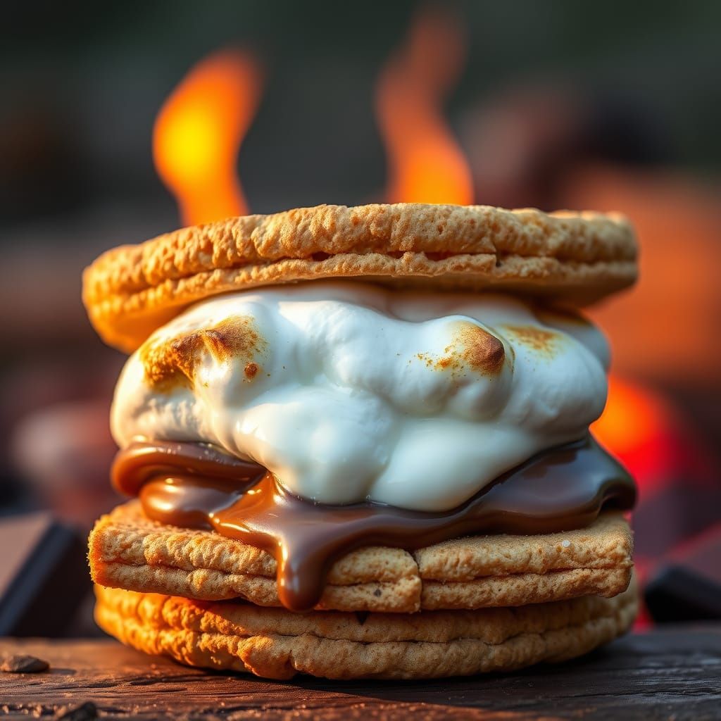 A hyper-realistic, mouthwatering s'more with a perfectly toasted golden-brown marshmallow, oozing with ...  by @Regina Harrison