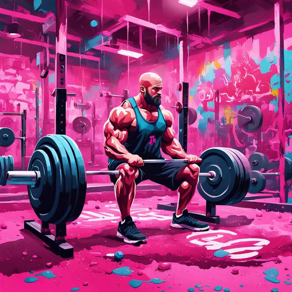 A weightlifting gym, pink gym, with strong man using pink du...