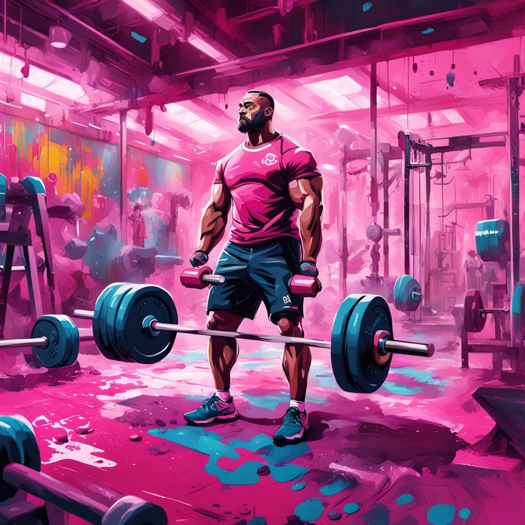 A weightlifting gym, pink gym, with strong man using pink du...