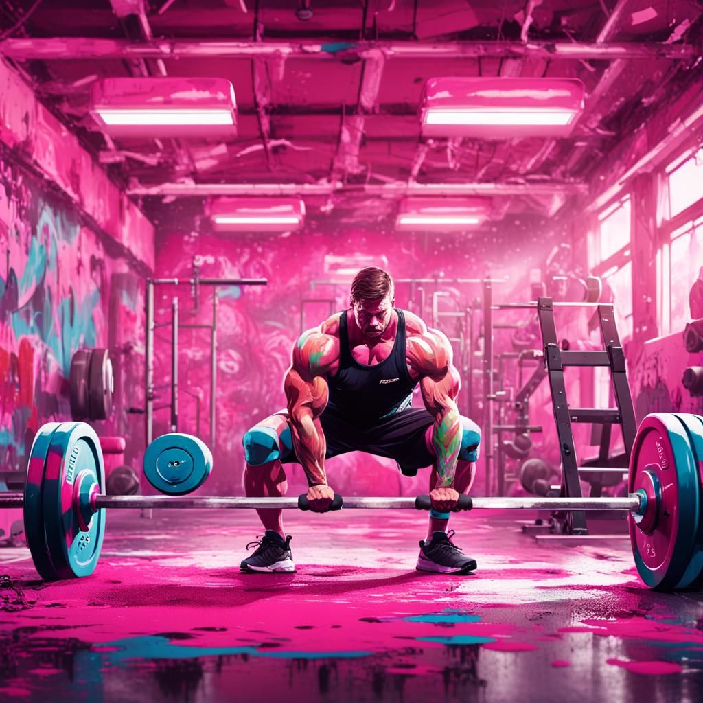 A weightlifting gym, pink gym, with strong man using pink du...