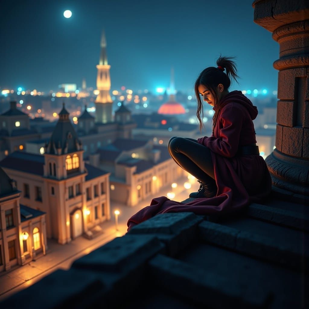 <lora:HyperPhotoRealism:1.0> in an over the shoulder view. a steampunk girl stooping on a cathedral roof peak overseeing a bustling cityscap...