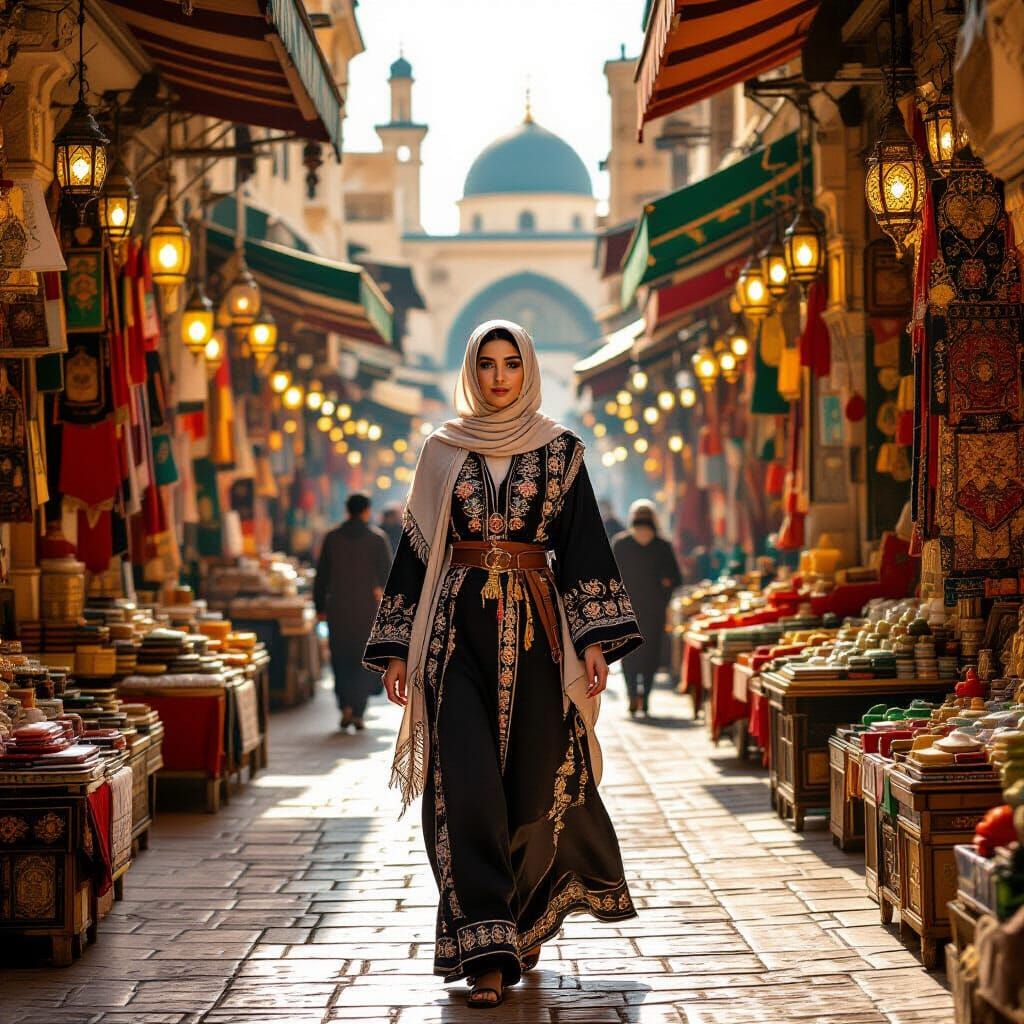 Palestinian Woman in Jerusalem Marketplace, Golden Light