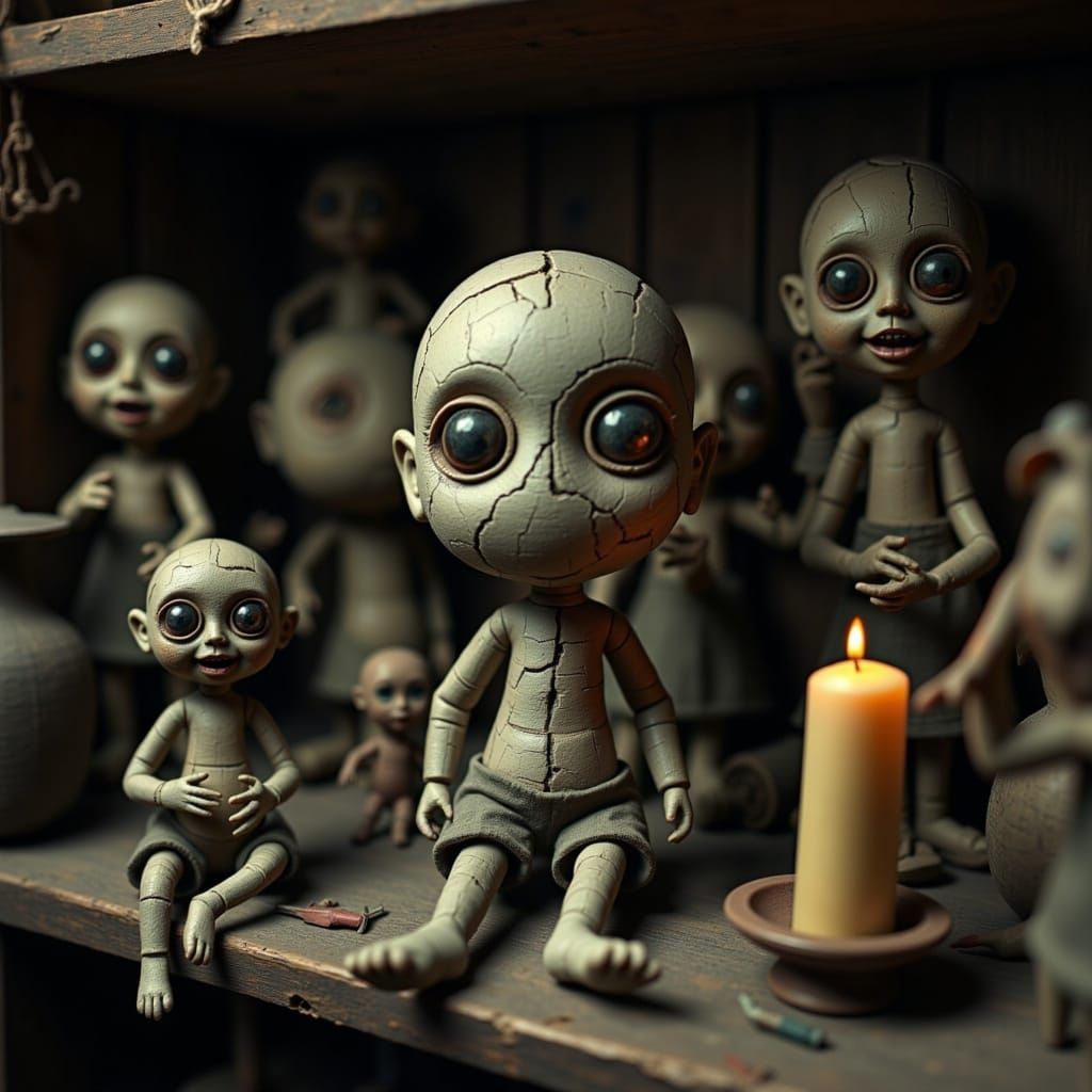 *"A hand-sculpted clay doll with an oversized, bobblehead-like face, its huge glossy eyes reflecting flickering candlelight. Despite its ado...
