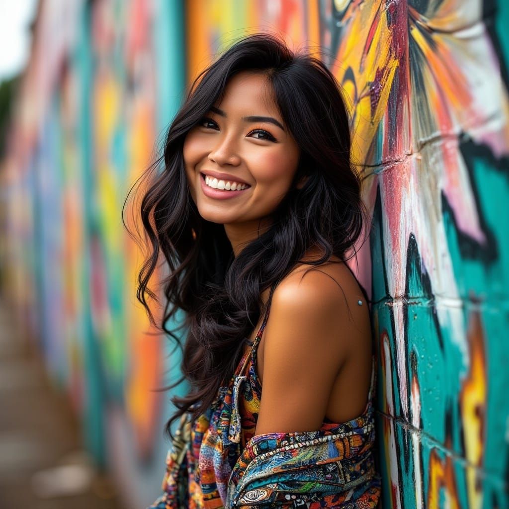 <lora:MJ6 EverydayFlux:1.0> A smiling Asian woman standing in front of a colorful mural, canon lens, shot on dslr, 64 megapixels, sharp foc...