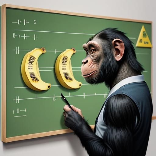 An adult chimpanzee teaches math to little chimpanzees write and draw