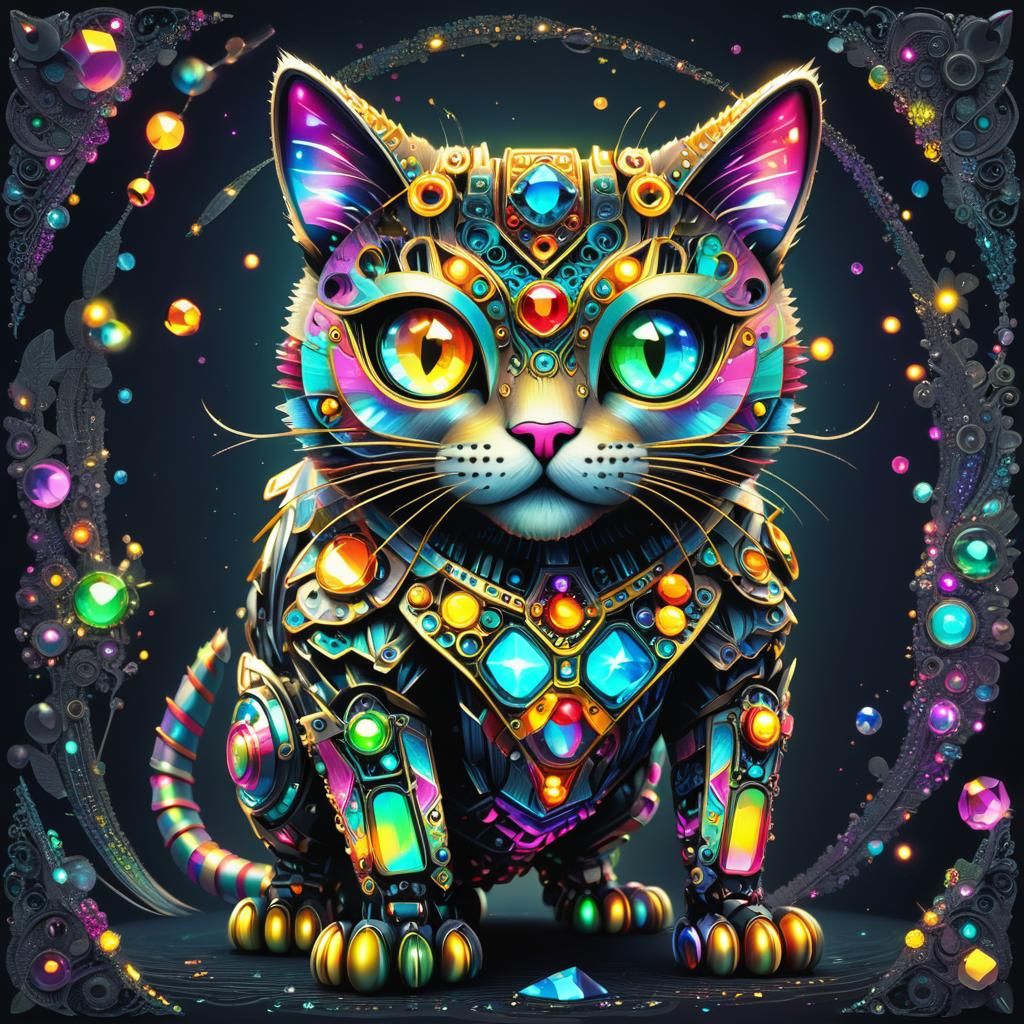 Holographic Porous COLORFUL BEJEWELED CAT Robot, Zentangle D...