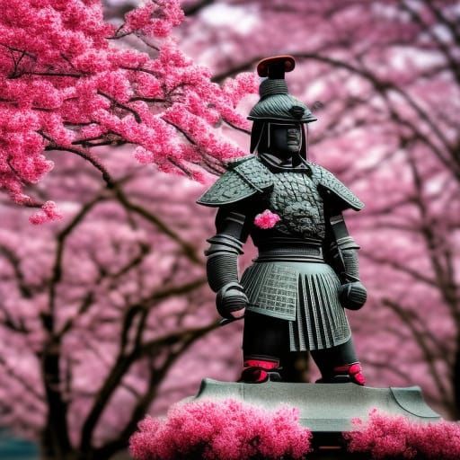 Samurai statue in front of sakura trees