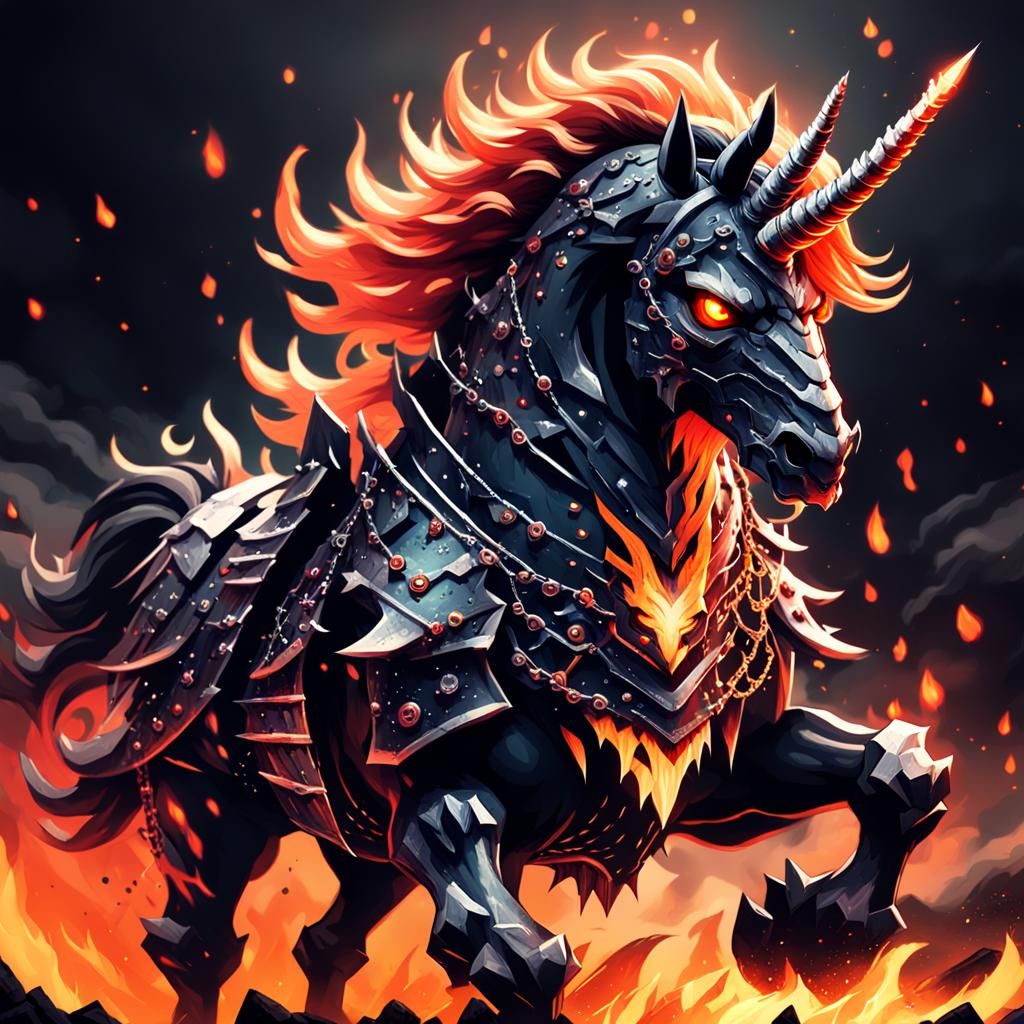 demon unicorn apocalypse has full heavy body armor with spikes and chains made of obsidian and joints of the armor has lava dripping, spradi...