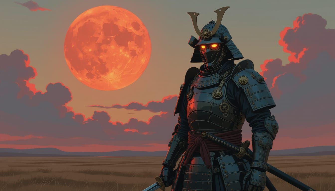 A samurai wearing a automatronic armour, designed by a forgotten genius inventor. Gears whir and steam escapes and his eyes glow with a subt...