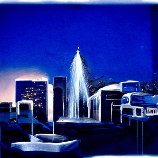 realistic beautiful blue and white painting of 1985 Los Ange...