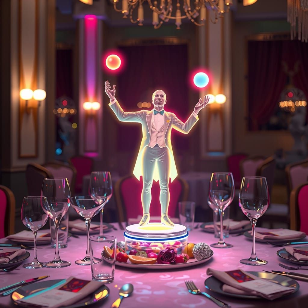 A 3D semi-transparent neon laser hologram of a juggler on a dinner table, 3D, ultrarealistic  by @Drac_Rosenberg