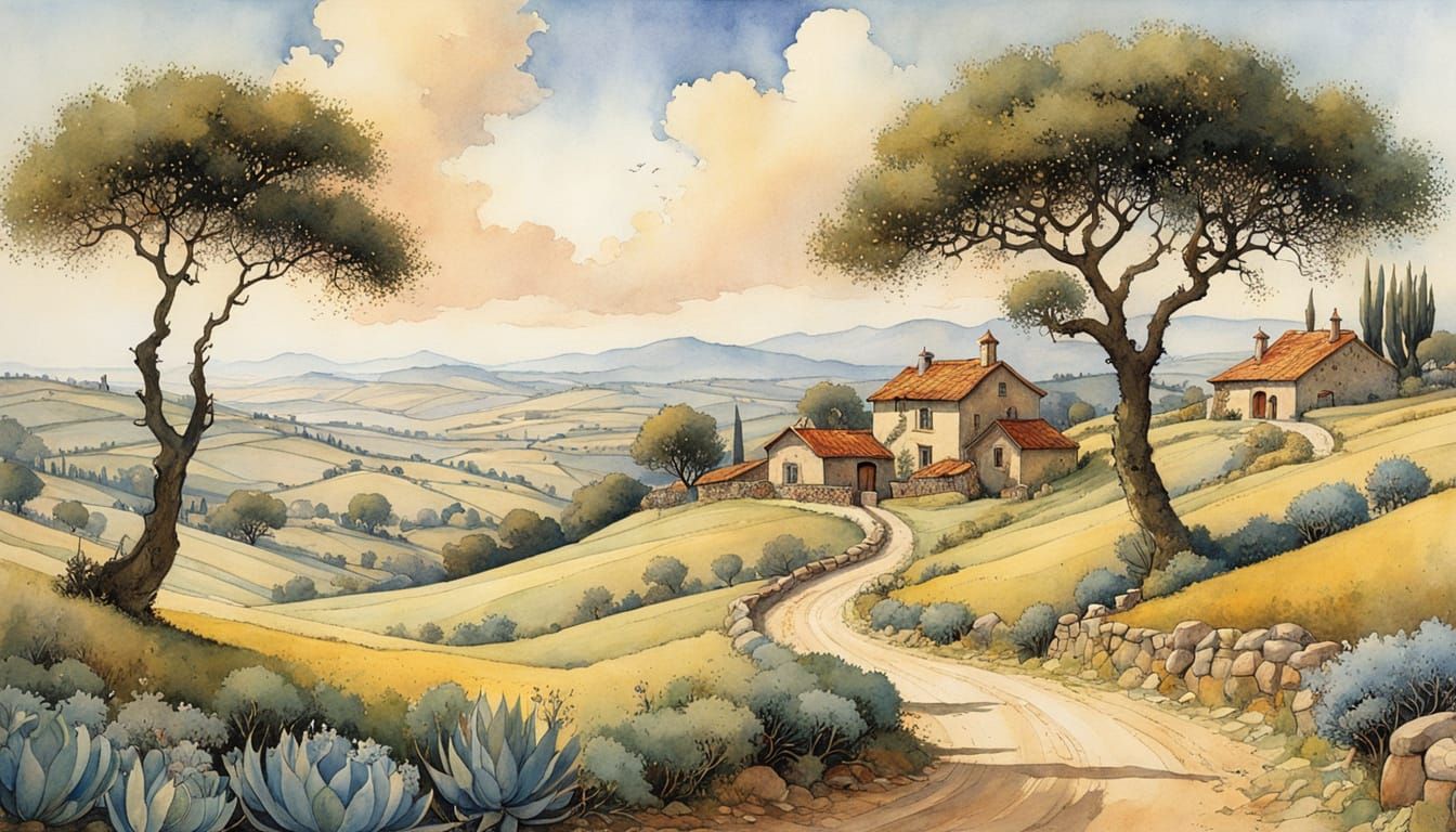 Mediterranean Hillside Storybook Illustration with Olive Tre...