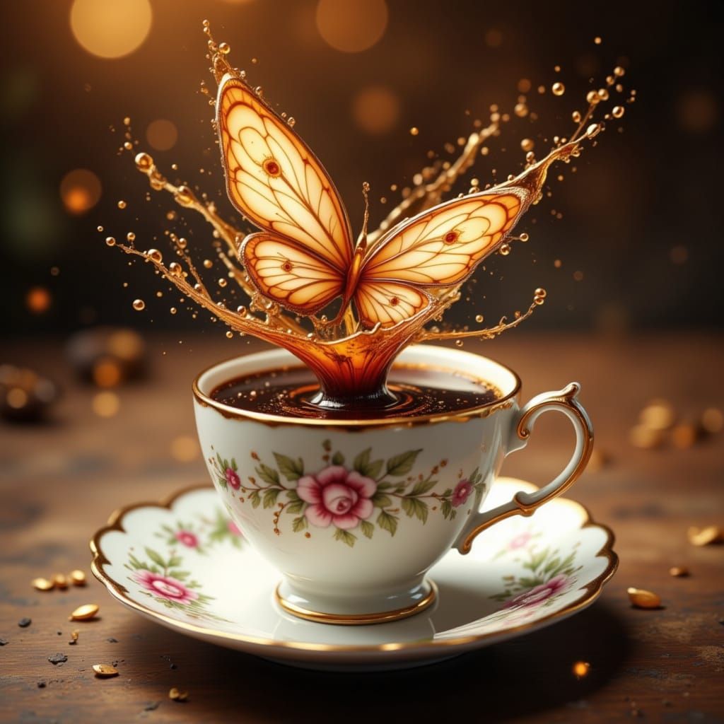 <lora:UltraPolish V1:1.0>whimsical realistic surrealism, elegant English bone china teacup with floral pattern and gold rim, filled with ric...