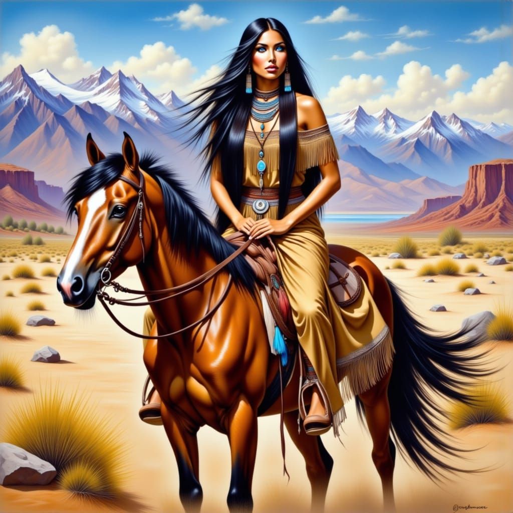 <lora:WatercolorPaintiFlux:1.0> <lora:NativeAmericanFlux:1.0> <lora:ArtPainting:1.0>  full body portrait of "Stunningly beautiful native Ame...