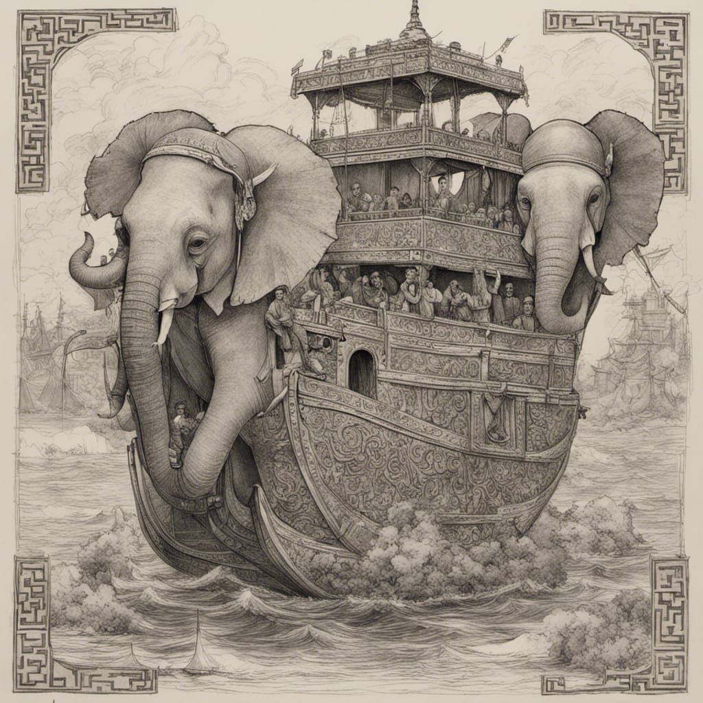 Draw me a malay ship loaded with elephants for chinese emper...