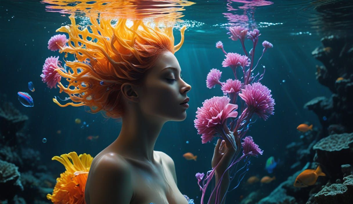 Hyper-realistic digital masterpiece: A lithe, elegant female model suspended in crystalline azure waters, ...  by @JuiceBox