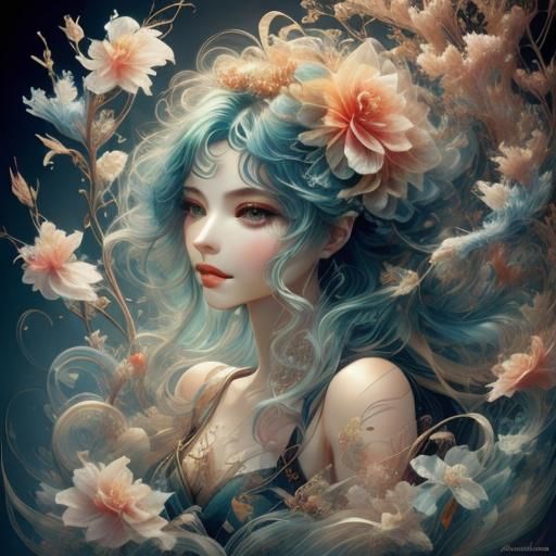 <lora:Ethereal Magic v1 5:1.0> watercolour, ink drips, lady with long wind swet hair, lilies and roses.,zentangle art . lace, jewel colours....