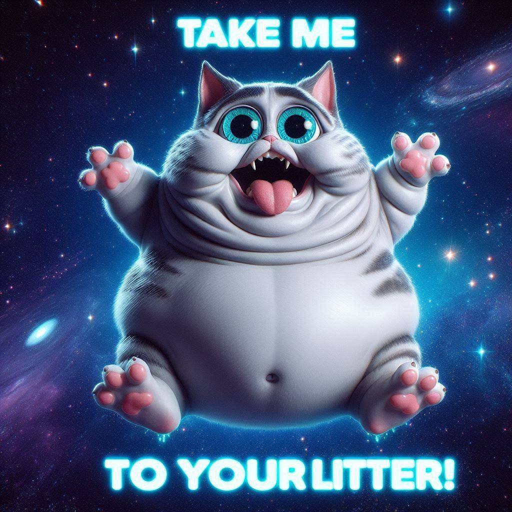 Excited Surprised Obese Space Kitten Alien; peepee-dancing in galactic darkness; Text reads "TAKE ME TO YOUR LITTER!"|