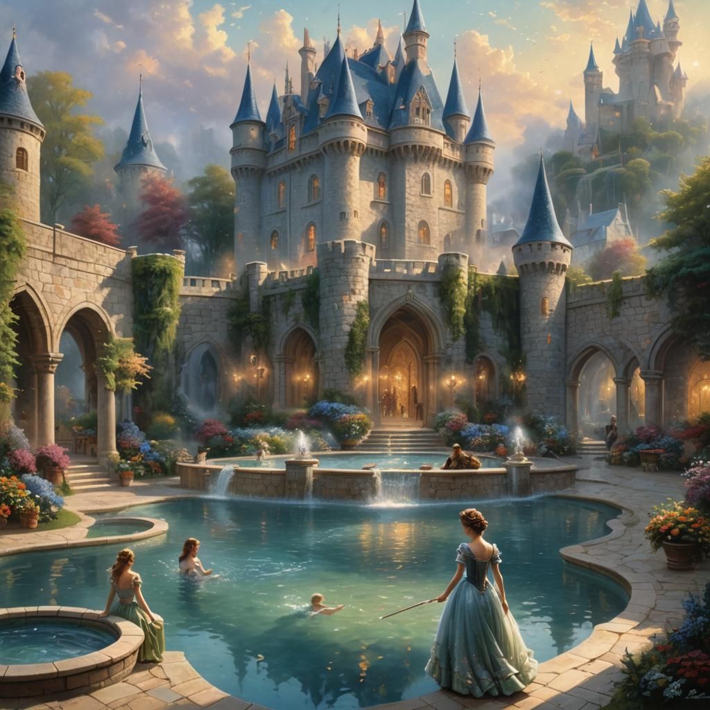 A swimming pool in a castle with the queen and her maiden ar...