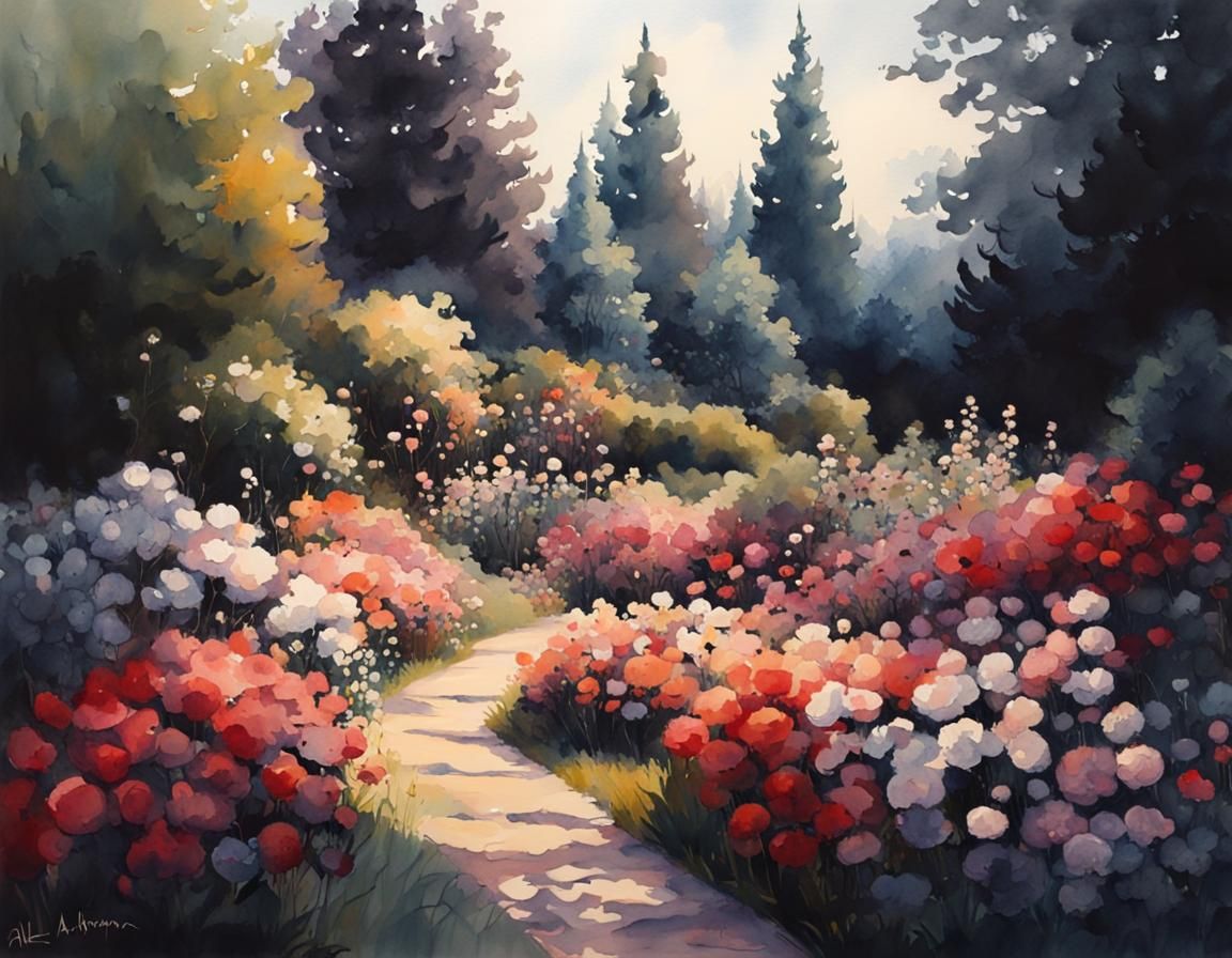 Detailed Flower Garden Watercolor Painting