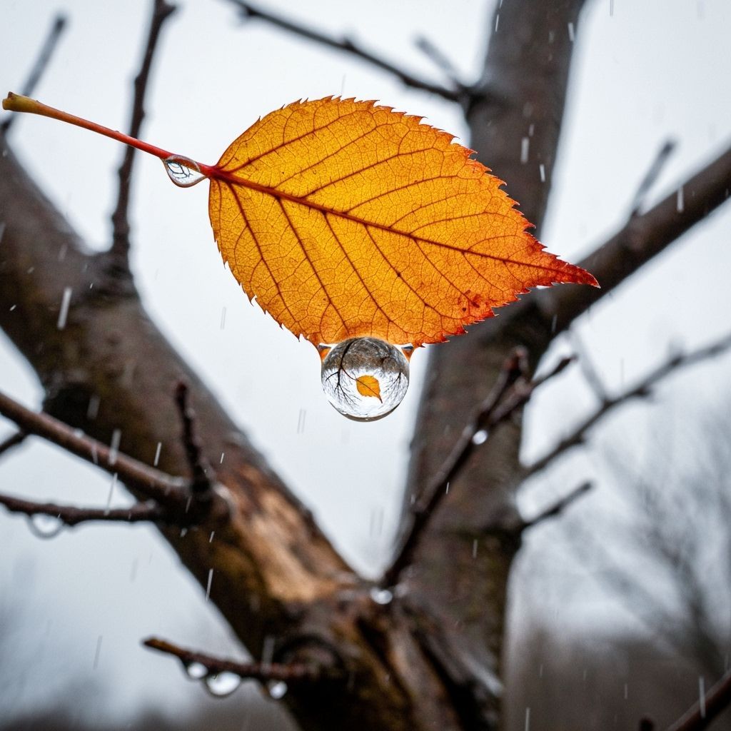 A single autumn leaf floating in mid-air, caught by the wind, center composition, close-up macro shot. The leaf is golden-orange with red ed...