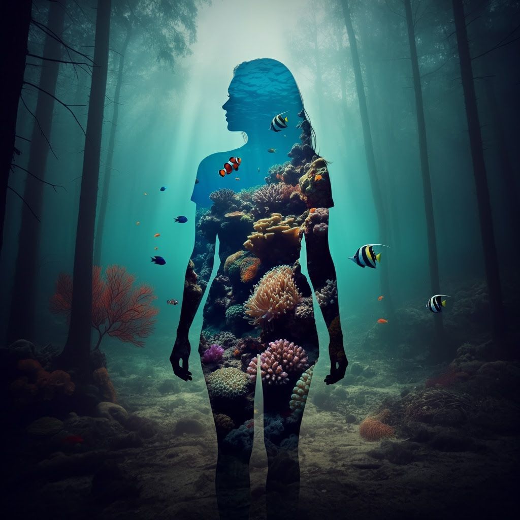 Coral Reef Woman in Forest, Surreal Double Exposure