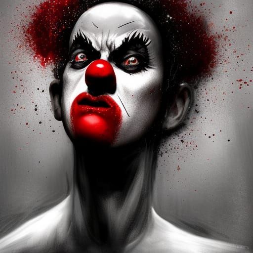the sad clown in tones of black white and red