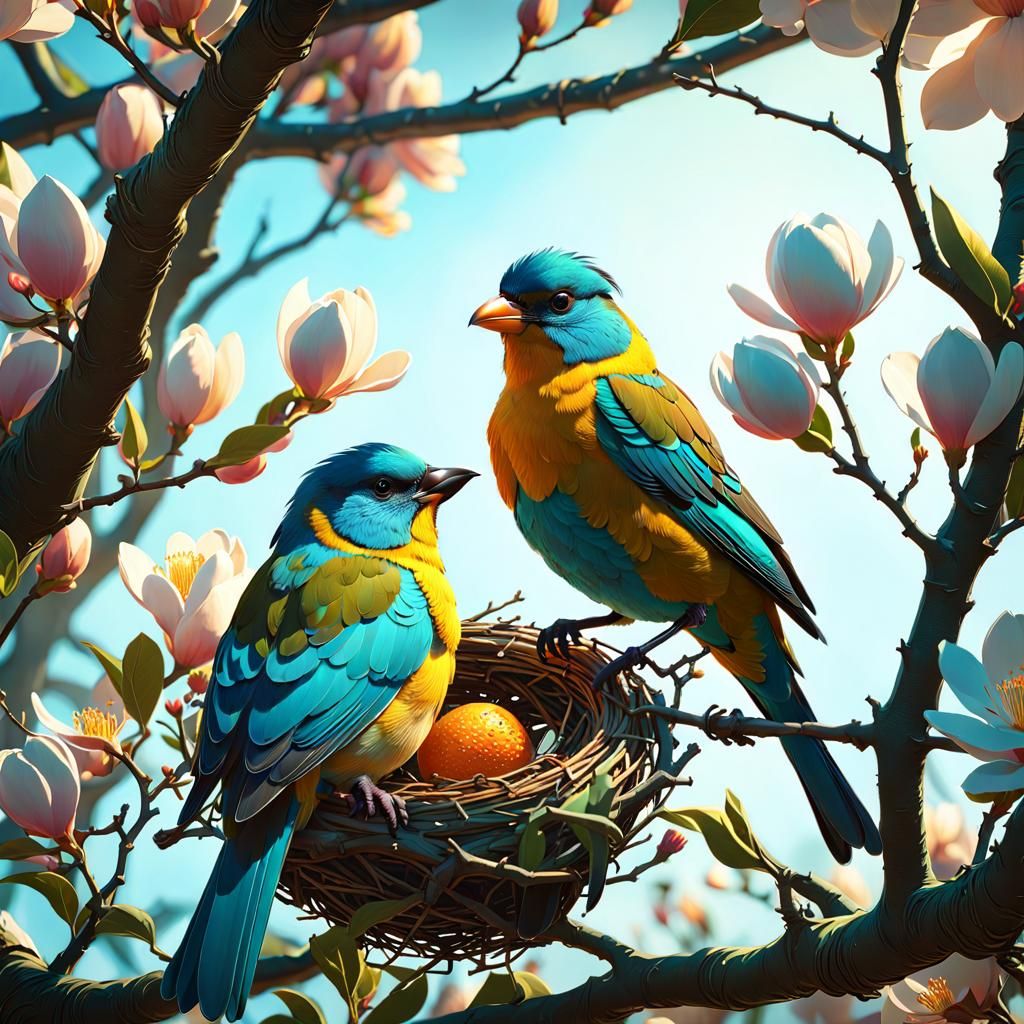 Birds preparing a family in a Magnoila tree  by @Tiny Pearl Cat