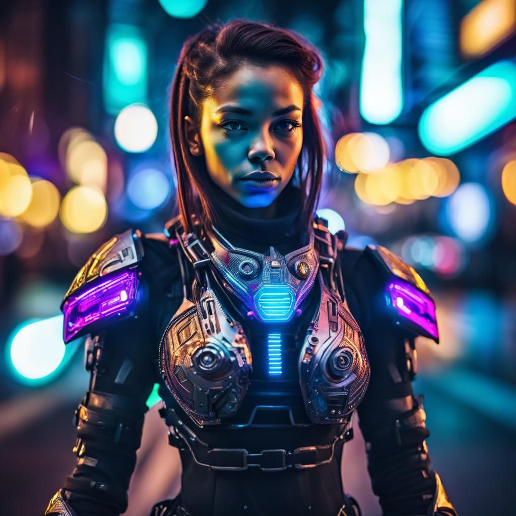 Portrait of a cyborg girl wearing futuristic face armor in a...
