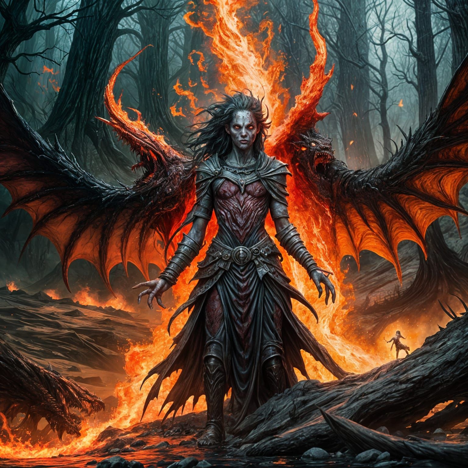 A lone techno-shaman stands before a towering biomechanical tree in a forgotten moon forest, bathed in ethereal mist. The tree's bark is car...