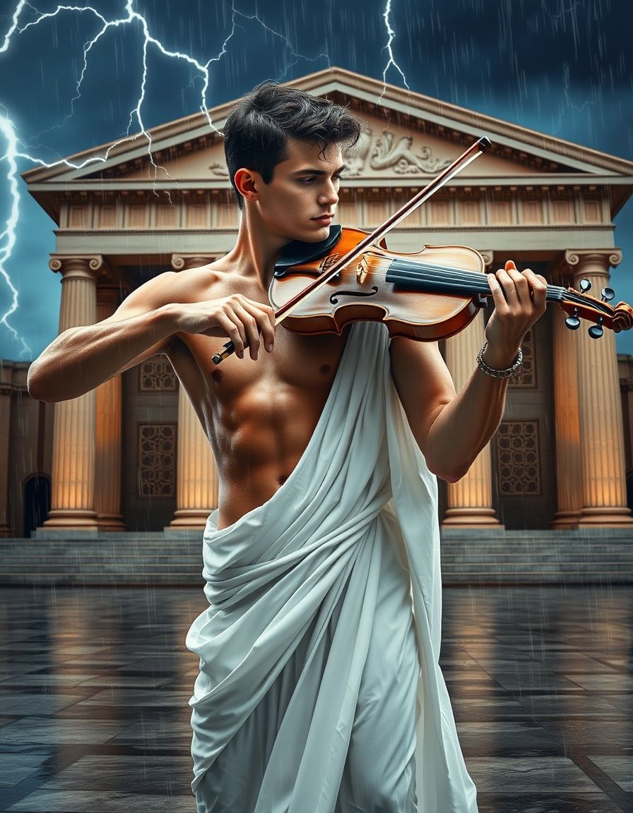 A young man plays a violin