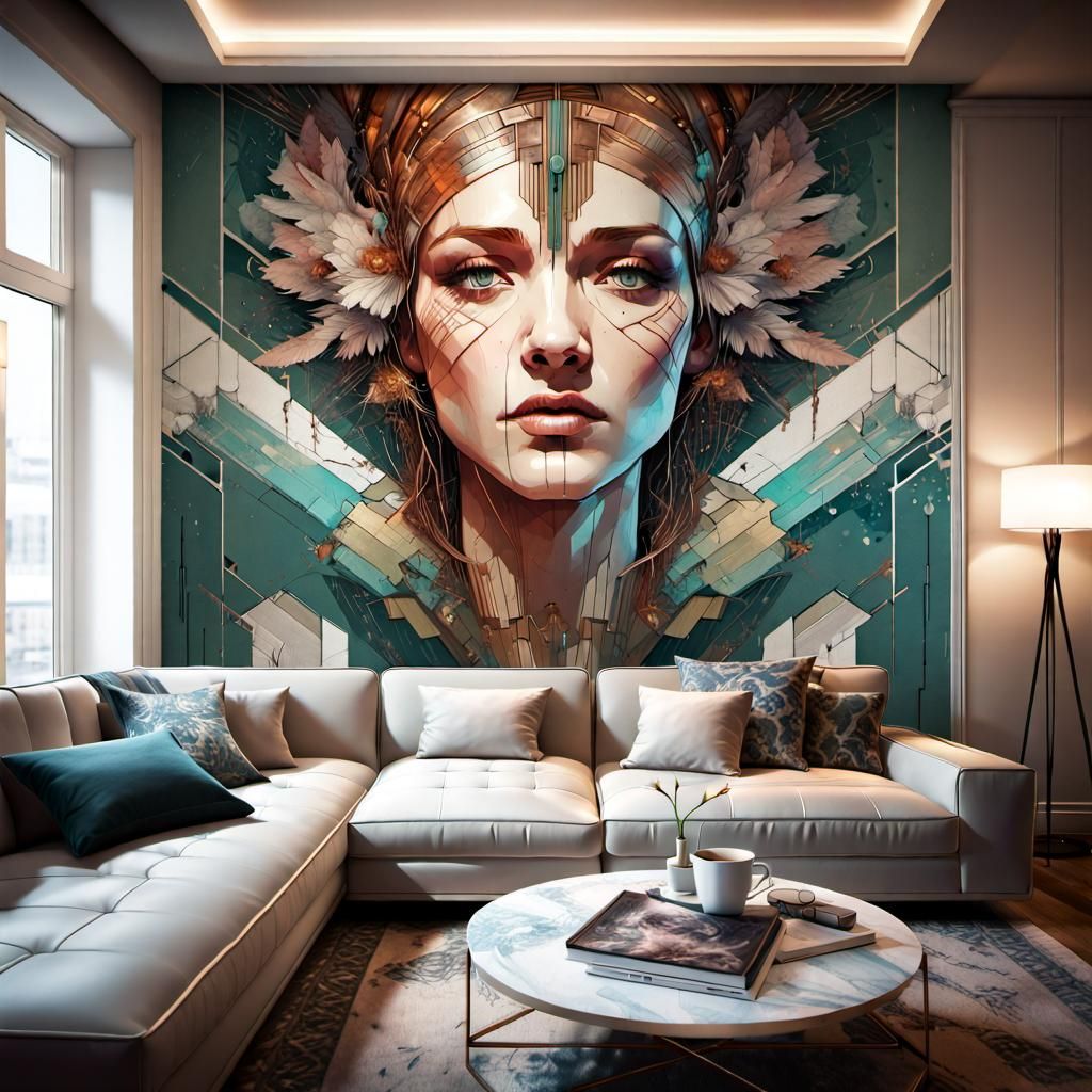Digital illustration of a art deco mural on a living room