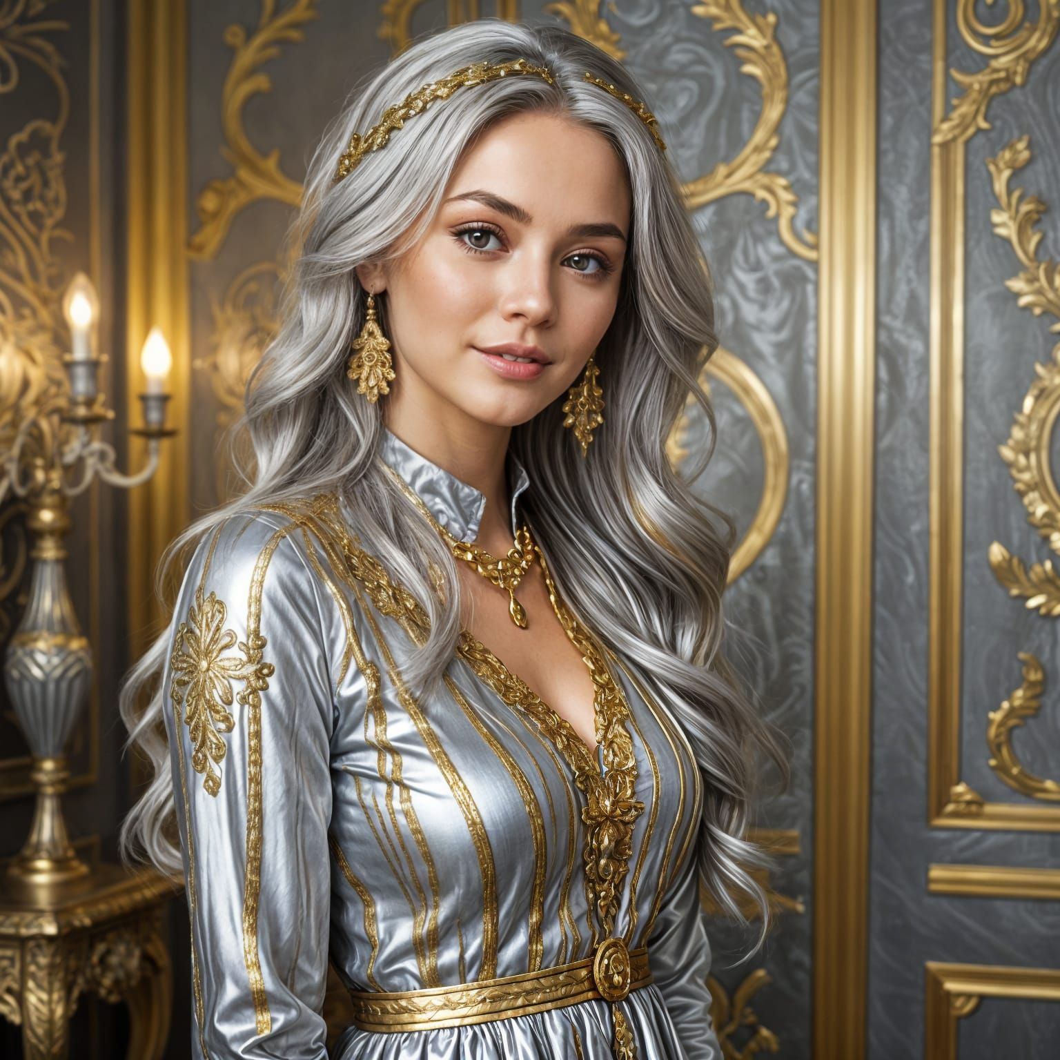 A beautiful cute happy woman, with long flowing silver and gold striped hair, with gold and silver patterned colored mod...