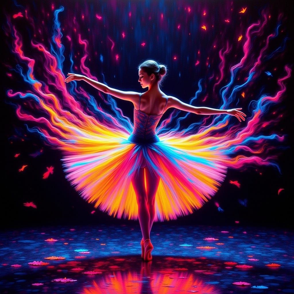 <lora:Blacklight nocturne:1.0> blacklight vibrant neon oil on canvas a ballet dancer pirrouetting on a grand theatre stage. Light contrails...