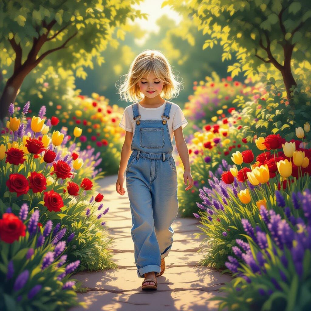 Blonde Girl in Enchanted Garden at Sunset